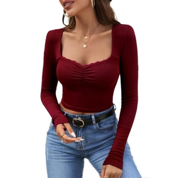 GLARE & BLAIR Sweetheart Neck Lace Trim Long Sleeve Regular Fit Ribbed Tops for Women