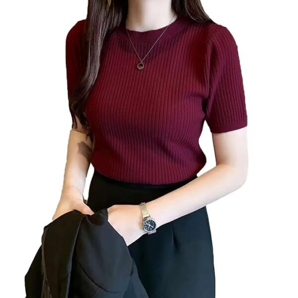 Istyle Can Plain Round Neck Rib Knit Regular Top for Women