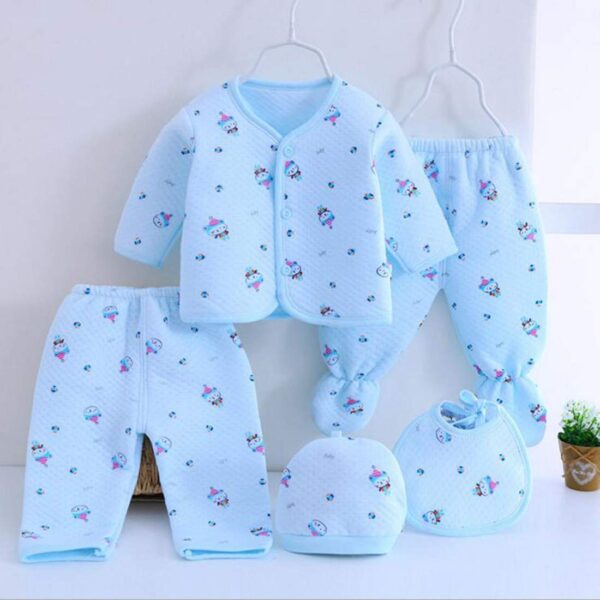 Fancy Walas Born Baby Winter Wear 5Pcs Cotton Fleece Set | Unisex Infant Clothing with Cartoon Printing | Blue, 0-3 Months