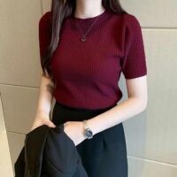 Istyle Can Plain Round Neck Rib Knit Regular Top for Women - Image 3