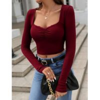 GLARE & BLAIR Sweetheart Neck Lace Trim Long Sleeve Regular Fit Ribbed Tops for Women - Image 4