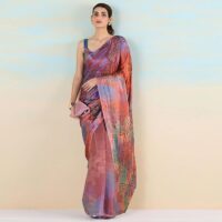 Navyasa orange liva satin lite foil saree - Image 2