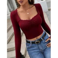 GLARE & BLAIR Sweetheart Neck Lace Trim Long Sleeve Regular Fit Ribbed Tops for Women - Image 6