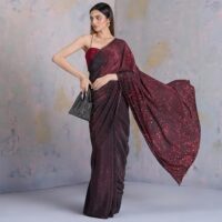 Navyasa by liva chiffon Crystal Frost celestial meadows Maroon Saree - Image 2