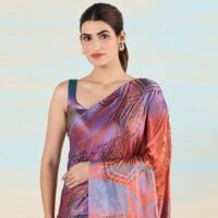 Navyasa orange liva satin lite foil saree - Image 5