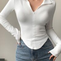 Istyle Can Women's Top Solid Color Long Sleeve Ribbed Asymmetric Hem Casual T-Shirt with Zipper Collar. Full Sleeve, Rib Knit, Plain Color, Slim Fit - Image 3