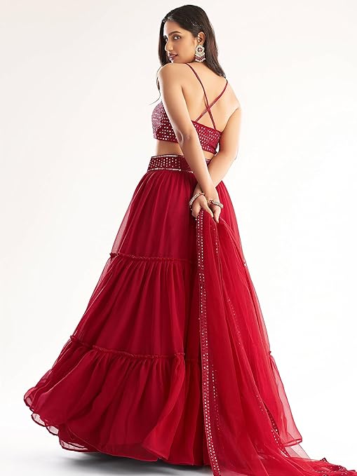 Zeel Clothing Women’s Georgette Semi-Stitched Lehenga Choli Red Wedding Bridal Free Size