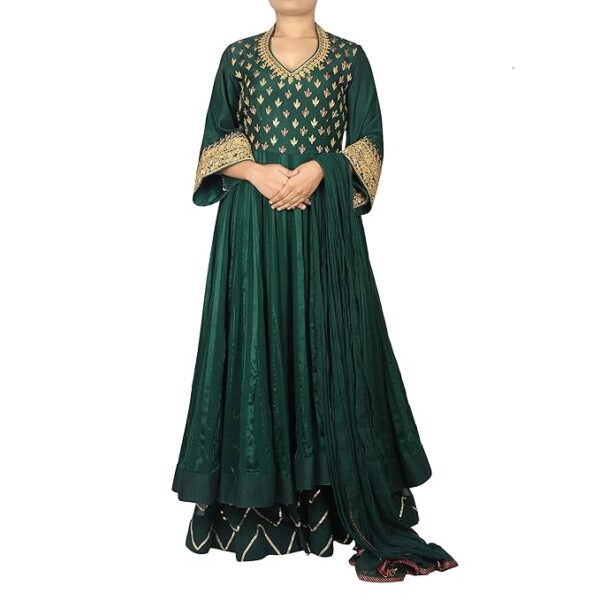 Padmanabhan Women's Chiffon Stripe with Gota Hand Embroidered Kurta Palazzo Set (11321500, Green, 38)