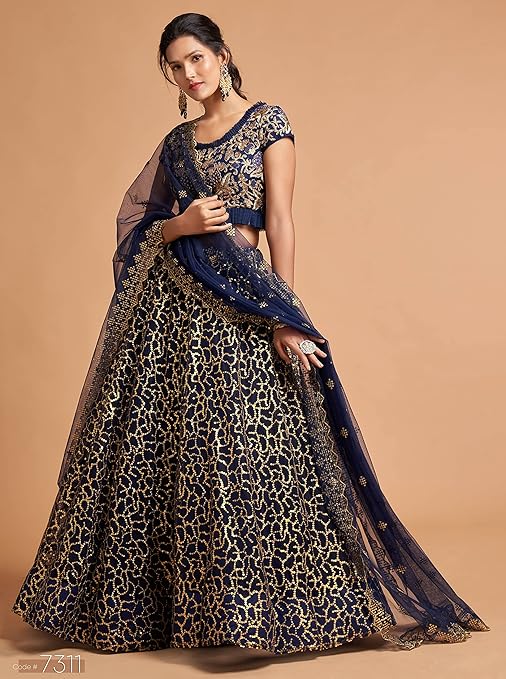 Zeel Clothing Women’s Net Embroidered Semi-Stitched New Lehenga Choli with Dupatta (7311-Blue-Wedding-Girlish-Latest-Lehenga; Free Size)